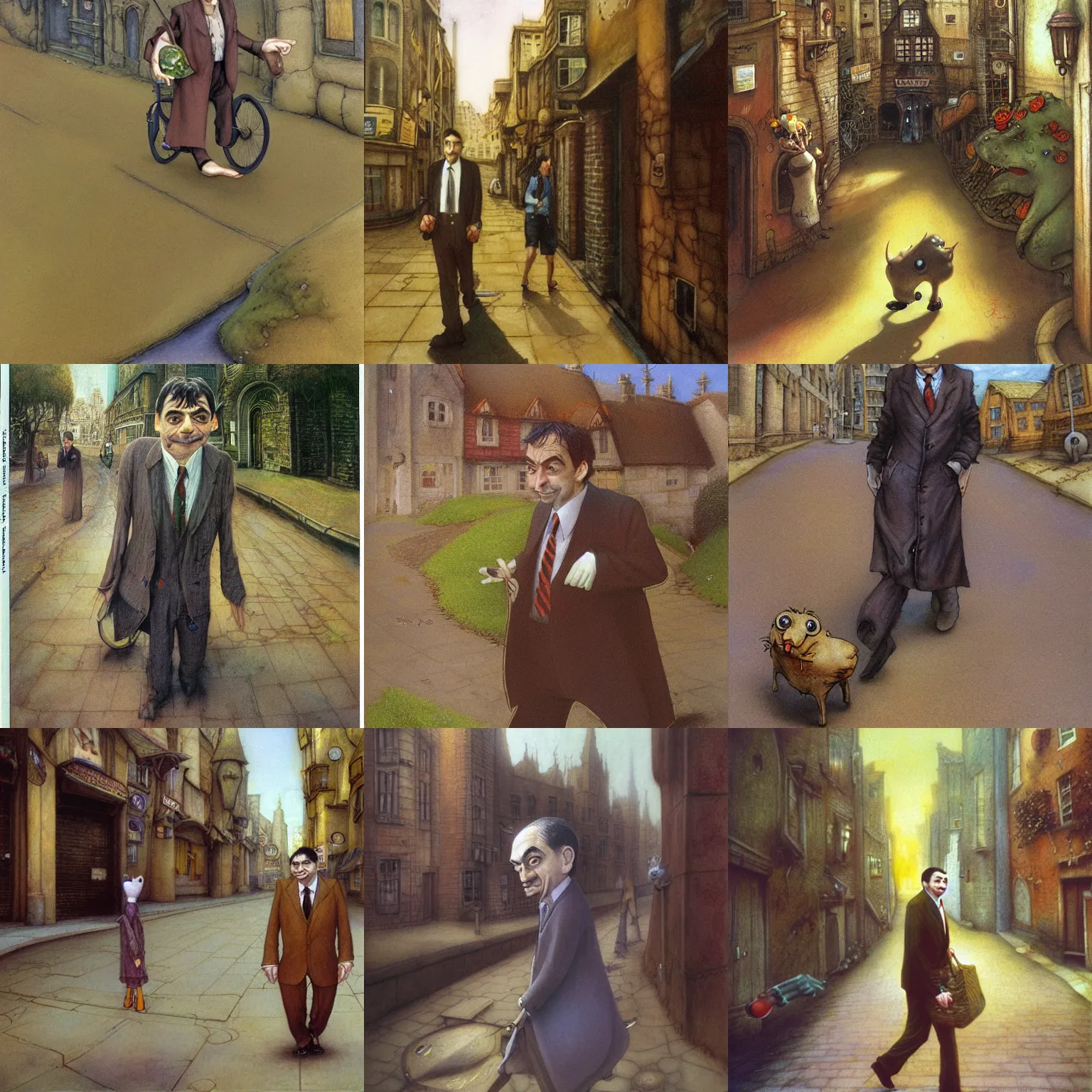 Prompt: mr. bean walks down a street on a sunny day by brian froud