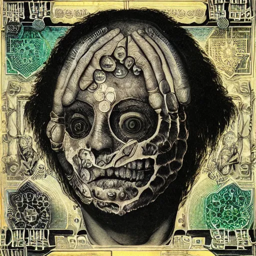 Image similar to post - punk new age album cover, asymmetrical design, dollars, bank notes, magic, apocalypse, psychedelic, black white pink, magic, giger h. r., giuseppe arcimboldo