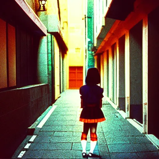 Image similar to 1990s perfect 8K HD professional cinematic photo of a japanese schoolgirl, in sci-fi alleyway at evening, at instagram, Behance, Adobe Lightroom, with instagram filters, depth of field, taken with polaroid kodak portra