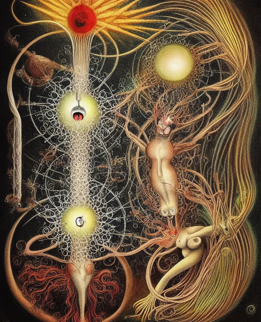 Image similar to whimsical freaky creature sings a unique canto about'as above so below'being ignited by the spirit of haeckel and robert fludd, breakthrough is iminent, glory be to the magic within, painted by ronny khalil