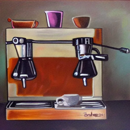 Image similar to a painting of demon espresso machine that makes coffee from human souls