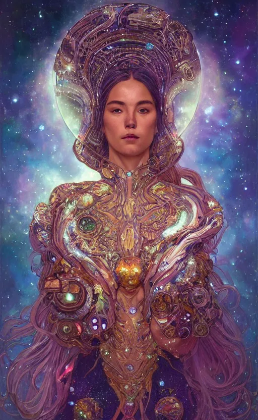 Image similar to portrait of a cosmic goddess, suit made out of stars and galaxies and cosmic energy, intricate, headshot, highly detailed, digital painting, artstation, concept art, sharp focus, cinematic lighting, illustration, art by artgerm and greg rutkowski, alphonse mucha, cgsociety