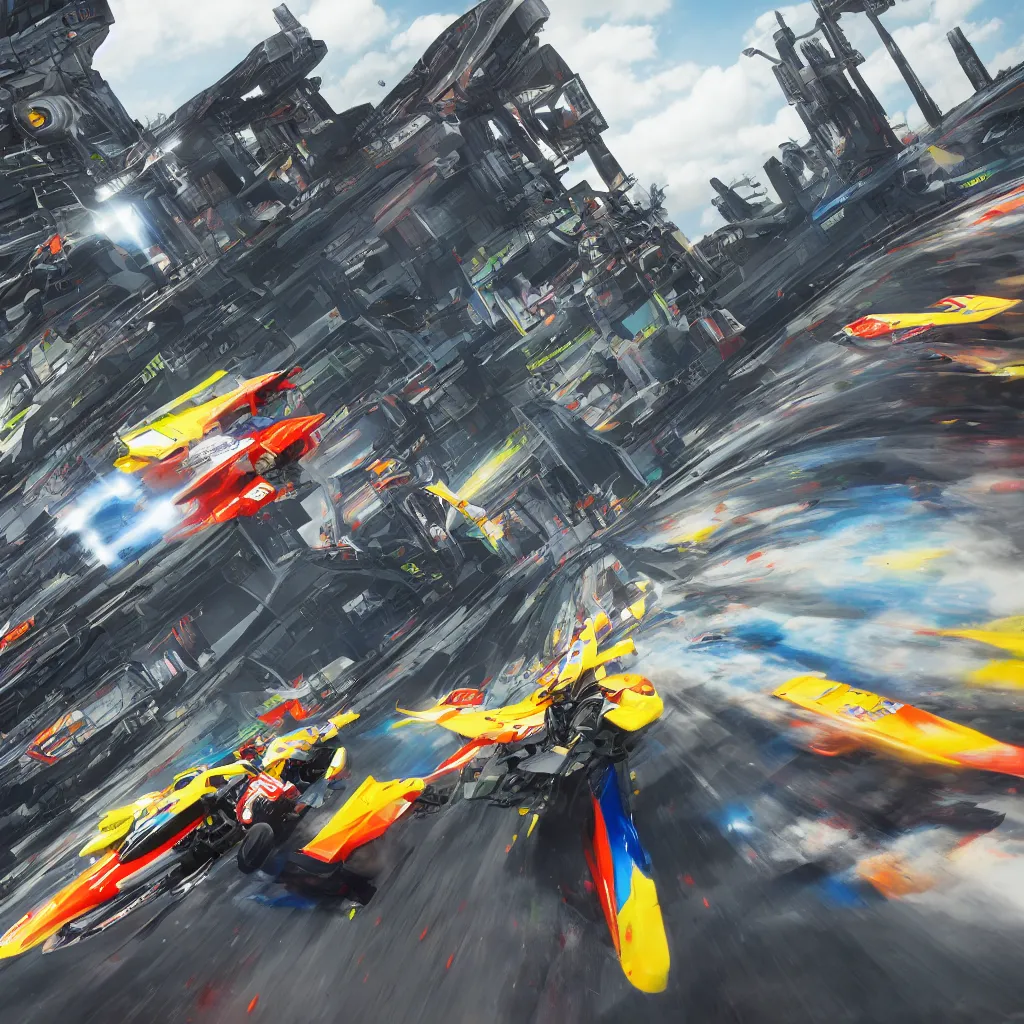 Image similar to detailed render, wipeout ag racing, the designer's republic, artwork, feisar, cinematic shot, 4 k render