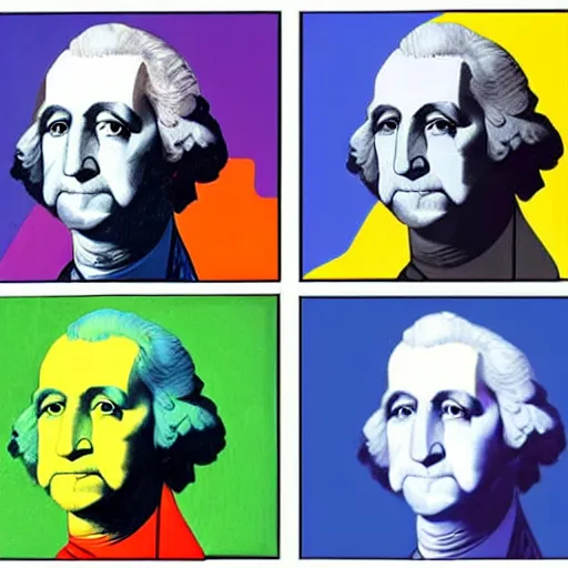 Image similar to george washington's portrait in the style of cubism and andy warhol, pop art, 4 panel, high definition, realistic surrealism