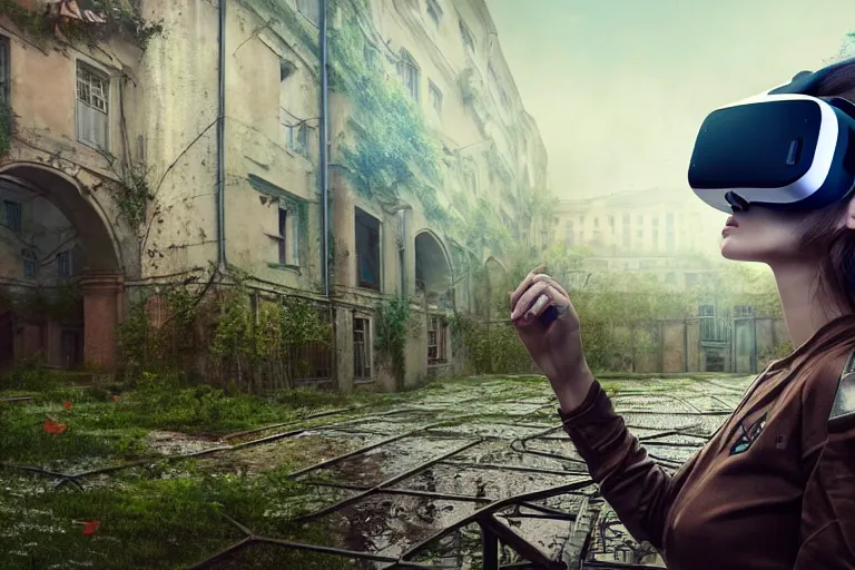 Prompt: Broken cyborg girl with VR helmet on old courtyard with mud and an old playground between two soviet five-storey overgrown with ivy panel houses, high details, cinematic, 8k resolution, beautiful detailed, insanely intricate details, artstation trending, rule of third, octane render, unreal engine