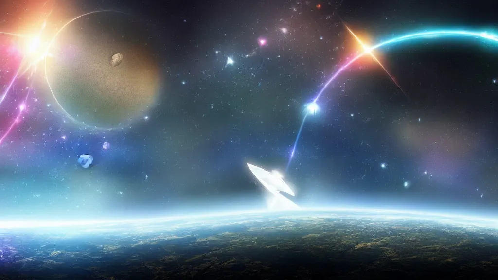 Prompt: fantasy outer space with distant spaceship trails wallpaper