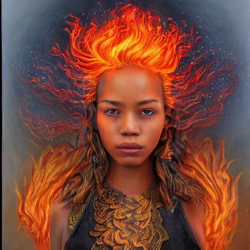 Prompt: Intricate five star Fire Sprite portrait by Anna Kullberg, Colored pencil on paper, high detail, skin texture, photo realistic, hyperrealism,matte finish, high contrast, 3d depth, masterpiece, vivid colors, artstationhd