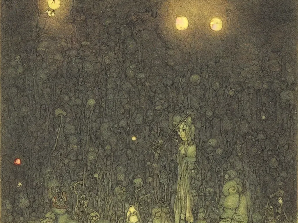 Prompt: the phosphorescent bug man haunting the caterpillars city by john bauer