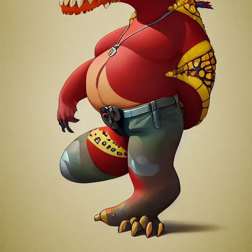 Image similar to in the style of artgerm, loish and ross tran, anthropomorphic alligator, red scales on his back, yellow scale on his belly and chest, male, waring a hawaiian shirt, in the style of zootopia