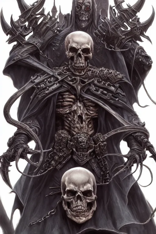 Image similar to death lord stand on skulls, highly detailed, d & d, fantasy, highly detailed, digital painting, trending on artstation, concept art, sharp focus, illustration, global illumination, ray tracing, realistic shaded, art by artgerm and greg rutkowski and fuji choko and viktoria gavrilenko and hoang lap,