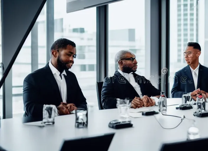 Prompt: photo of cats in suits attending a management board meeting. Highly detailed 8k. Intricate. Sony a7r iv 55mm. Stock photo.