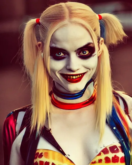 Prompt: 3 5 mm photo of elegant suicide squad harley quinn, long blonde hair and big eyes, finely detailed perfect face, standing on the wet street at sunset, golden hour sunset lighting,