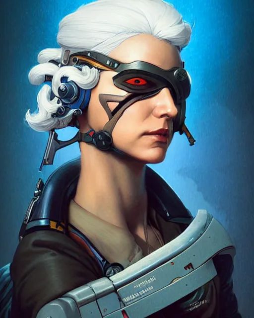 Image similar to ana from overwatch, eye patch, white hair, character portrait, portrait, close up, concept art, intricate details, highly detailed, vintage sci - fi poster, in the style of chris foss, rodger dean, moebius, michael whelan, and gustave dore