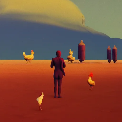 Image similar to cyborg chickens in the desert, Masterpiece, Edward Hopper and James Gilleard, Zdzislaw Beksinski, Mark Ryden, Wolfgang Lettl, hints of Yayoi Kasuma, octane render, 8k.