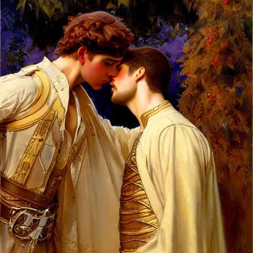 Image similar to attractive fully clothed king confesses his love for his attractive fully clothed male prince. highly detailed painting by gaston bussiere, mark brooks, j. c. leyendecker