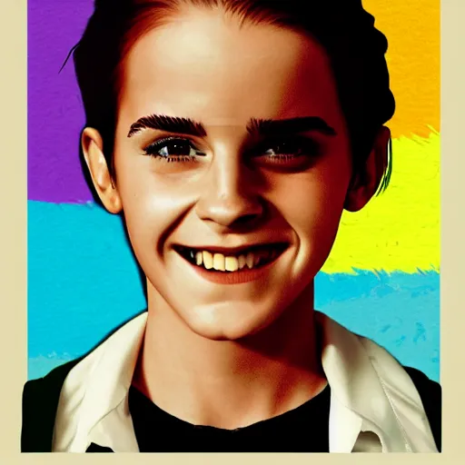 Prompt: rainbow smiling emma watson age 1 4 as hermione. pop art.
