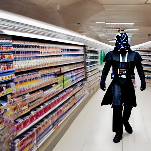 Image similar to A still of a Darth Vader shopping for groceries, 4k, 35mm, photograph, photoreal, ultra realistic, highly detailed, professional lighting