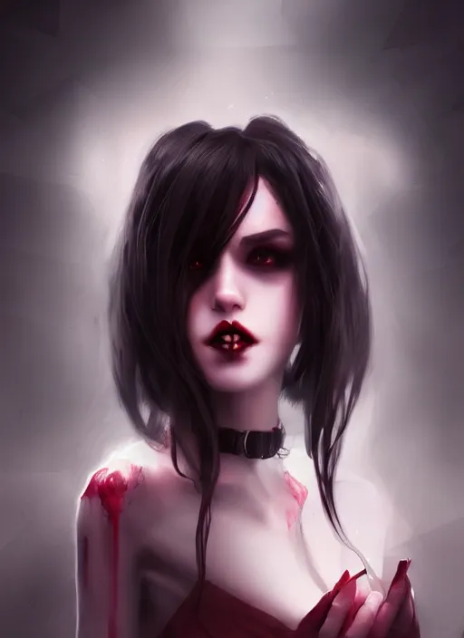 Prompt: portrait of a beautiful vampire girl showing her fangs by wlop, cyberpunk, neon lights, dark fantasy art, soft lighting, artstation