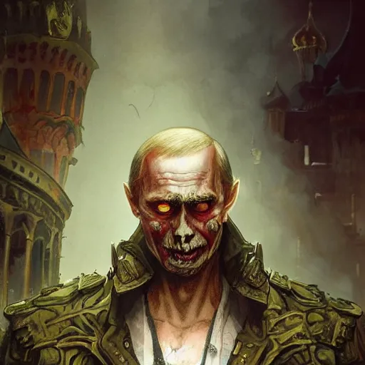 Prompt: zombie Putin in Kremlin, fantasy, intricate, highly detailed, digital painting, artstation, concept art, smooth, sharp focus, illustration, art by artgerm and greg rutkowski and alphonse mucha