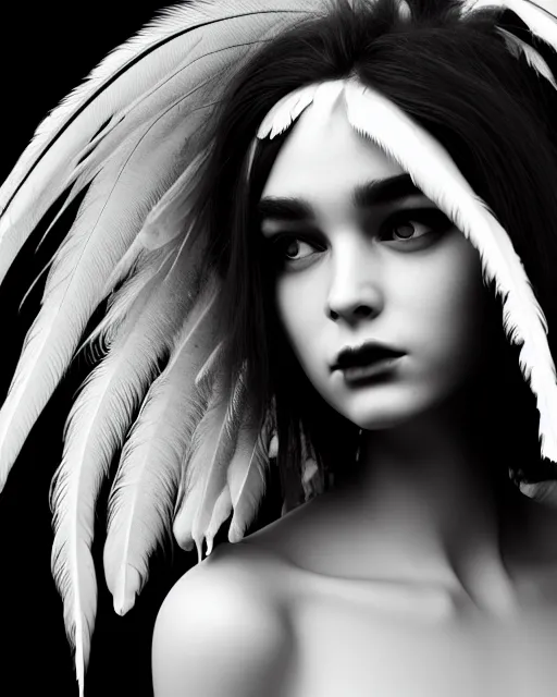 Prompt: surreal mythical dreamy dark artistic black and white fine art 3 / 4 portrait photo of a young delicate mutant female - cyborg with long pale feather hair, rim light, cinematic, studio dramatic light, poetic, octane render, 8 k, photo - realistic
