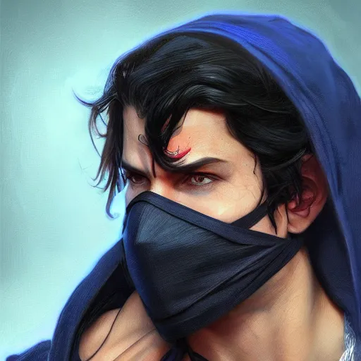 Image similar to ultra realistic illustration, man with black hair with a black mask, in blue hood, red and blue eyes, highly detailed, digital painting, artstation, concept art, smooth, sharp focus, illustration, art by artgerm and greg rutkowski and alphonse mucha