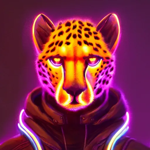 Image similar to a beautiful commission of an anthropomorphic cheetah wearing a neon jacket,futuristic,detailed face,character design by charles bowater,mohawk,cyberpunk style,deviantart,artstation,art by greg rutkowski,ross tran,professional lighting,neon city,night,raytracing,rtx