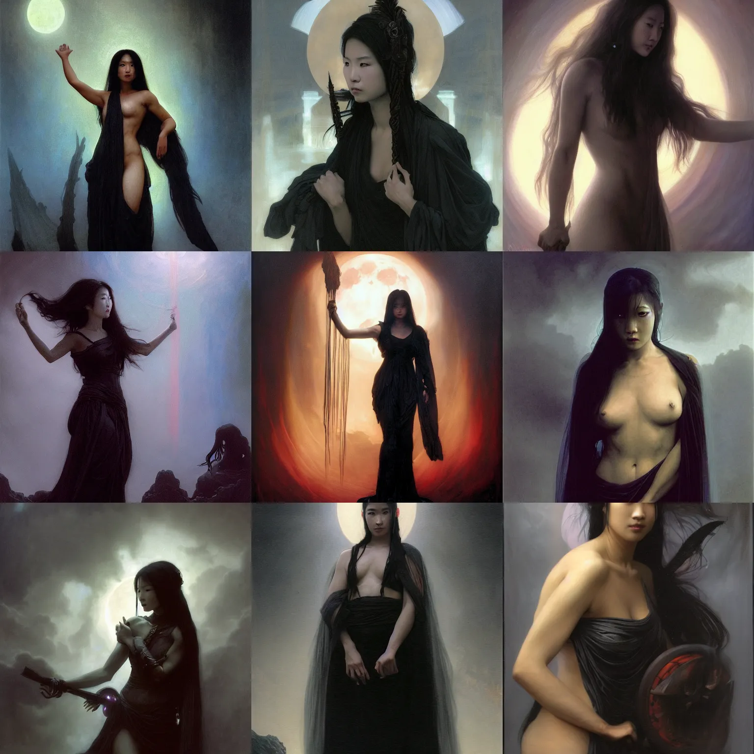 Image similar to awe-inspiring award-winning concept art painting of attractive Ashley Liao in black shrouds as the goddess of the moonbow, rainbow, by Michael Whelan, William Adolphe Bouguereau, John Williams Waterhouse, and Donato Giancola, cyberpunk, extremely moody lighting, glowing light and shadow, atmospheric, shadowy, cinematic, 8K,