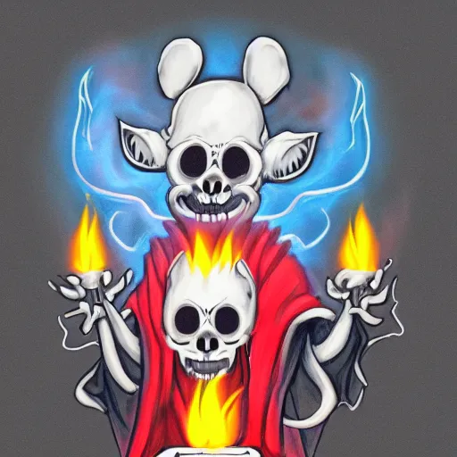 Image similar to photo of an anthropomorphic rat, ghostly anthropomorphic rat with skull face and glowing red eyes wearing black tattered robes and holding two blue flames, grim reaper except a rat, photorealistic, artstation