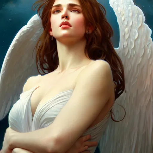 Image similar to wide angle full body portrait of an angel with a perfect face and perfect body, intricate, highly detailed, digital painting, artstation, concept art, smooth, sharp focus, illustration, Unreal Engine 5, 8K, art by artgerm and greg rutkowski and alphonse mucha