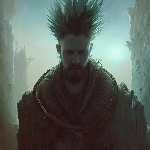 Prompt: highly detailed portrait from a gothic man with a mohawk and designer beard, stephen bliss, unreal engine, fantasy art by greg rutkowski, loish, rhads, ferdinand knab, makoto shinkai and lois van baarle, ilya kuvshinov, rossdraws, tom bagshaw, global illumination, radiant light, detailed and intricate environment