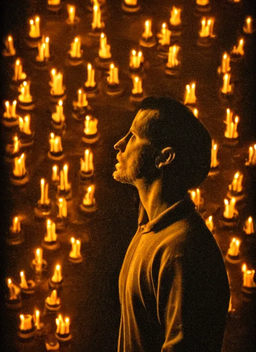 Prompt: a man's face in profile, made of candles, in the style of the Dutch masters and Gregory Crewdson, dark and moody