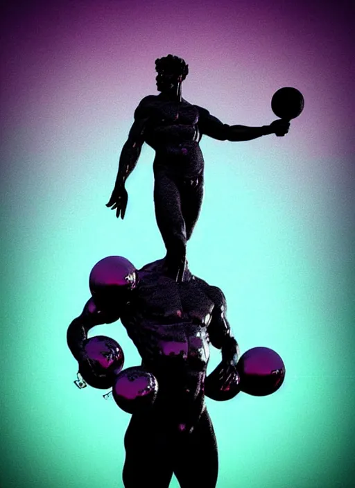 Image similar to statue of atlas holding the world, beeple, vaporwave, retrowave, black background, neon wiring, black, glitch, strong contrast, cuts, pinterest, trending on artstation