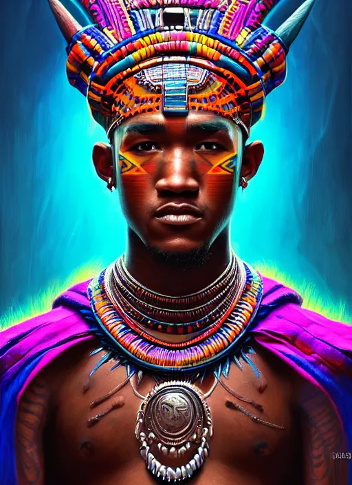 Image similar to portrait of jessie usher, hyper detailed ultra sharp aztec shaman warrior. trending on artstation, warpaint aesthetic, bloodwave, colorful, psychedelic, ornate, intricate, digital painting, concept art, smooth, sharp focus, illustration, art by artgerm and greg rutkowski and h. r. giger, 8 k