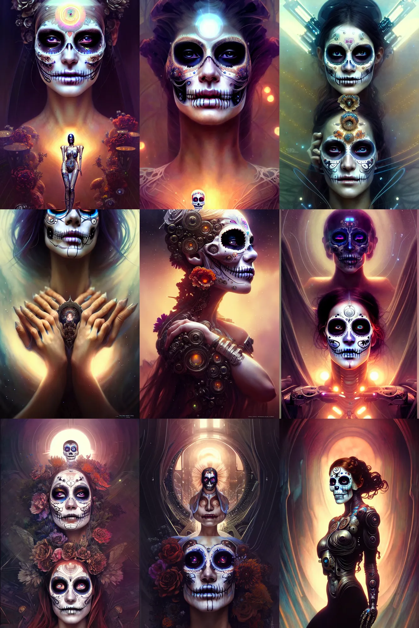 Prompt: awakening, beautiful crying cyborg woman. ethereal, elegant, fantasy, blade runner, pose, photorealistic, cover shot, interstellar, intricate detailed environment. ( el dia los muertos ), 8 k, hd. by terry o'neill and artgerm and greg rutkowski and alphonse mucha and loish and wlop