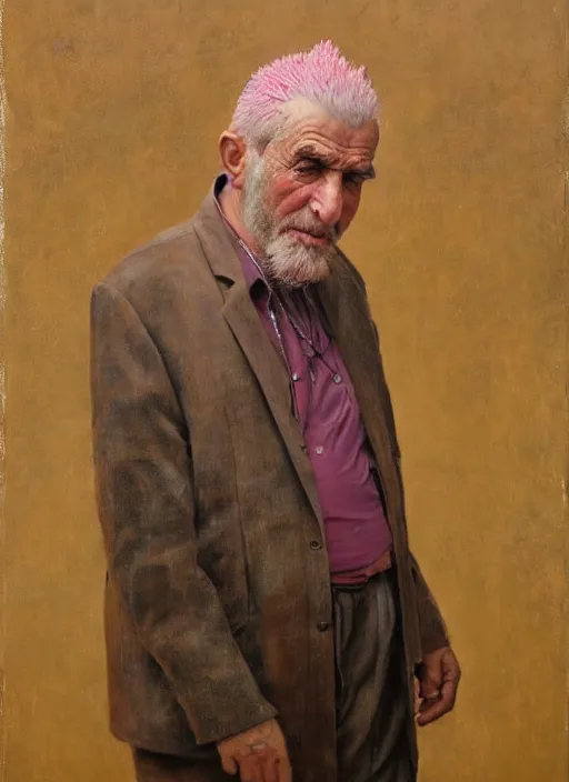 Image similar to a portrait of old man with a pink mohawk by iman maleki, punk rock, oil painting, muted colours, soft lighting