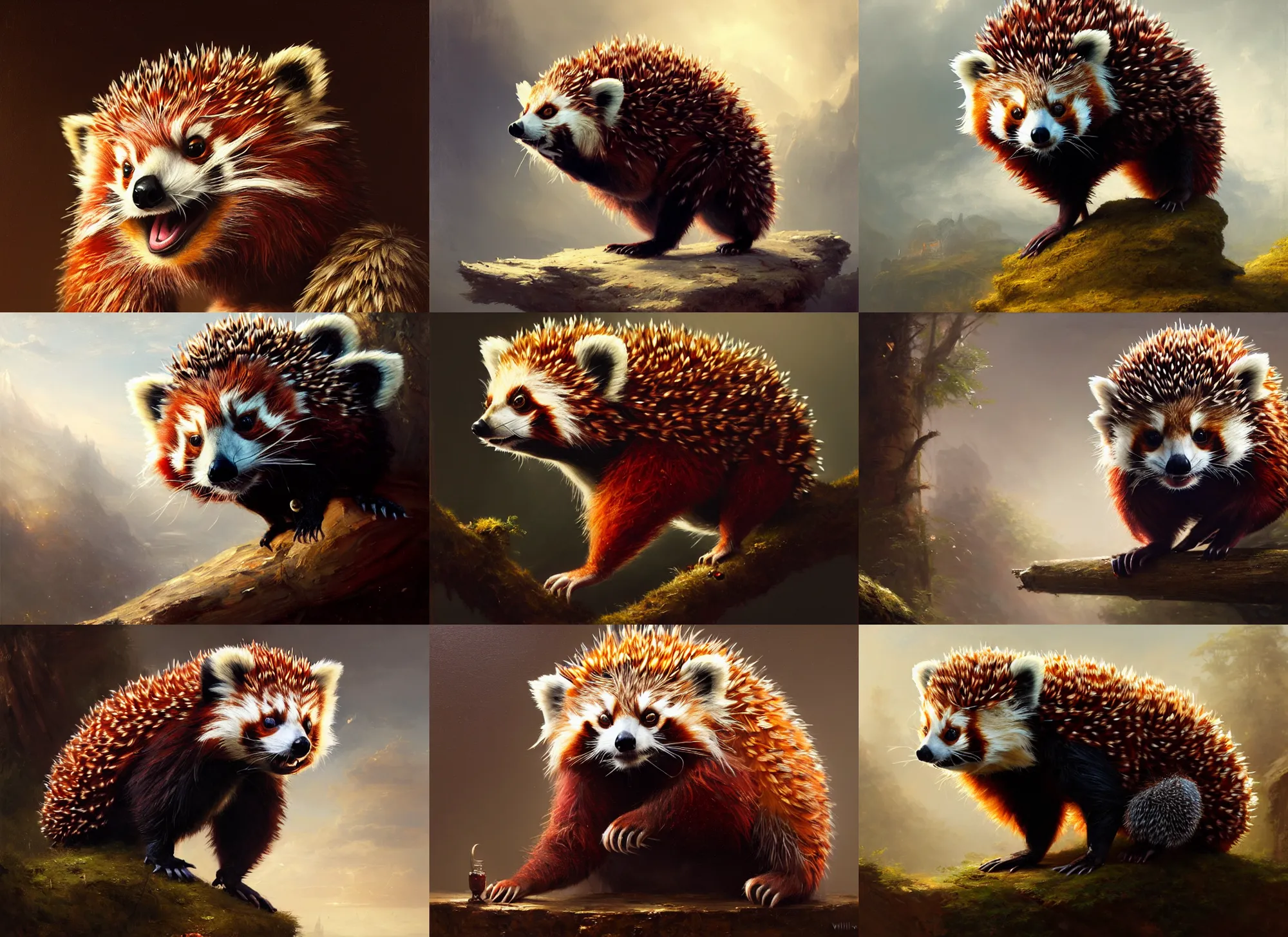 Prompt: highly detailed painting of an anthropomorphic anthropomorphic hedgehog red panda creature by william turner, by greg rutkowski, by william constable, photorealism, 4 k resolution