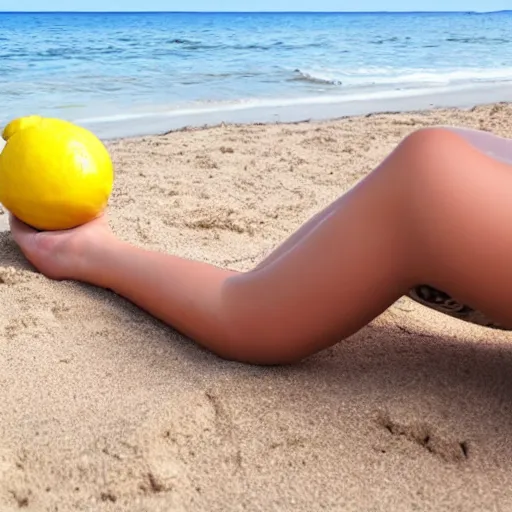 Prompt: a really long lemon sitting on the beach sunbathing
