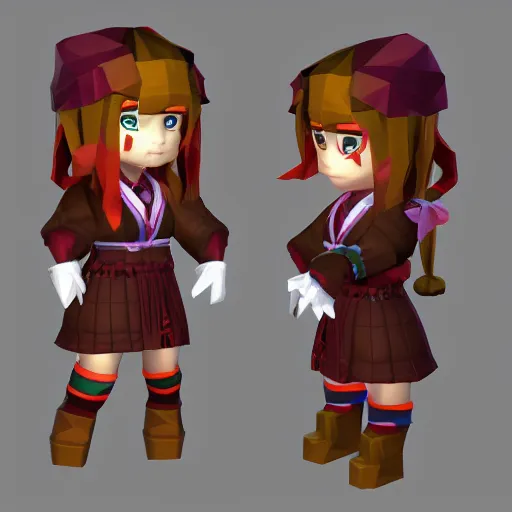 Prompt: ultra low poly modelling, isometric view, 1 6 bit colors, from touhou, a chibi girl, brown jacket with long sleeves, pigtails hair, volumetric lighting, fantasy, 4 k, intricate, hyper realistic, by blizzard, warcraft 3, backlit