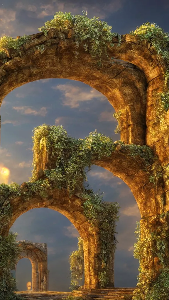 Prompt: overgrown ruined thin stone archway into a magical city, beautiful, intricate, detailed, golden light, 3 d animated movie frame, 8 k