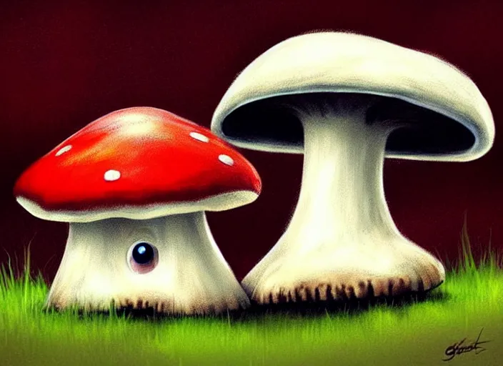 Image similar to a cute creature sitting next to a mushroom, digital art, fantasy, magic, chalk, trending on artstation, ultra detailed, professional illustration by basil gogos