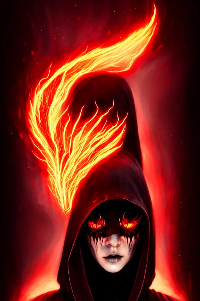 Image similar to a striking portrait of a pitch black hooded figure with jagged horns and flaming red eyes by moebius and ross tran and artgerm, trending on artstation, digital art, 4 k resolution, detailed, high quality, sharp focus, hq artwork, insane detail, volumetric lighting, character concept art, fine details, clear face