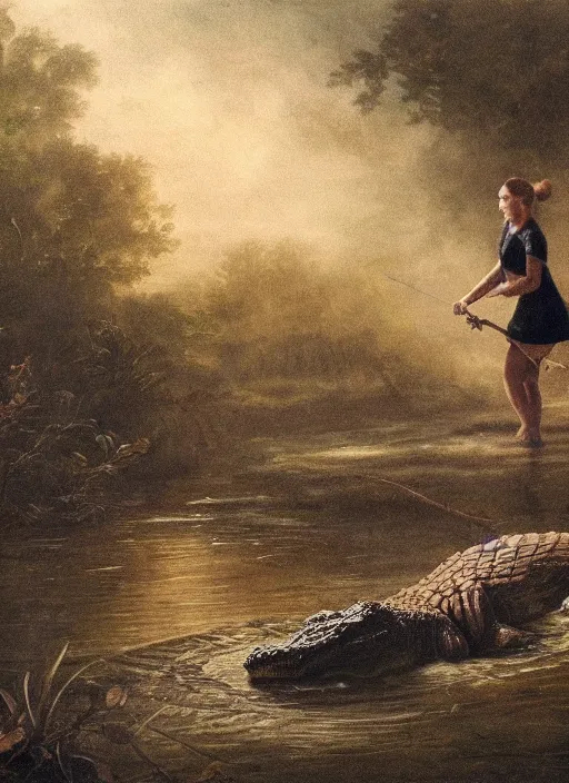 Image similar to a woman fighting against a crocodile in a swamp , soft lighting