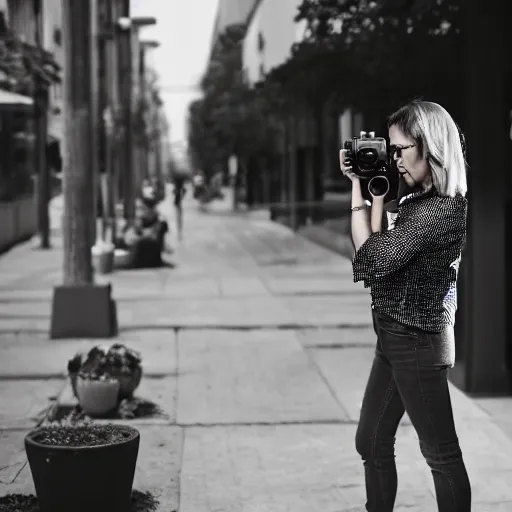 Image similar to woman taking a photograph with a studio camera on the sidewalk outdoors