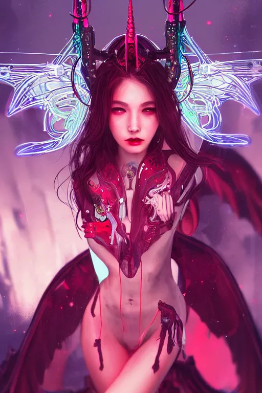 Image similar to portrait futuristic Devil Girl with horns and wings, in future cyberpunk tokyo rooftop , ssci-fi, fantasy, intricate, very very beautiful, elegant, human anatomy, neon light, highly detailed, digital painting, artstation, concept art, smooth, sharp focus, illustration, art by tian zi and WLOP and alphonse mucha