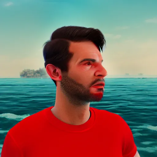 Image similar to guy with short dark hair on his side, dressed in a red t - shirt, standing still against the background of the sea digital art, 8 k, character, realism, portrait