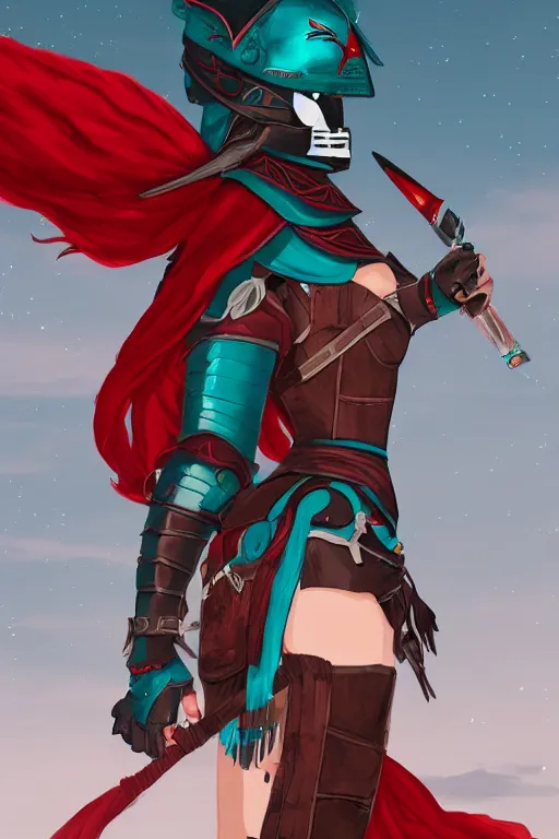 Image similar to female adventurer in tight full - body teal leather armor of japanese design with red accents and a white porcelain crow mask, trending in artstation, japanese, artstation, big moon in the background, establishing shot