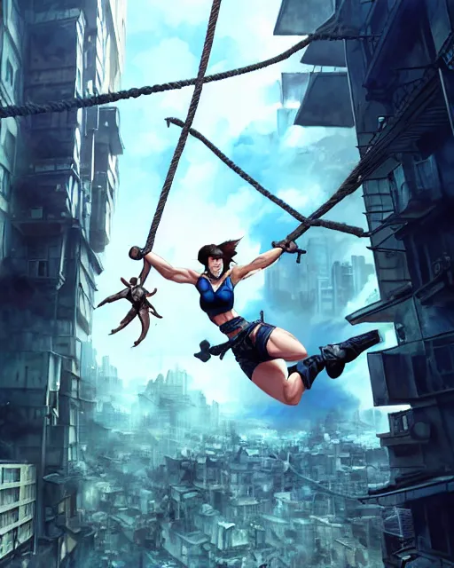 Image similar to gigachad jill valentine bodybuilder swinging from a building with a rope in racoon city, fantasy character portrait, ultra realistic, anime key visual, full body concept art, intricate details, highly detailed by greg rutkowski, ilya kuvshinov, gaston bussiere, craig mullins, simon bisley