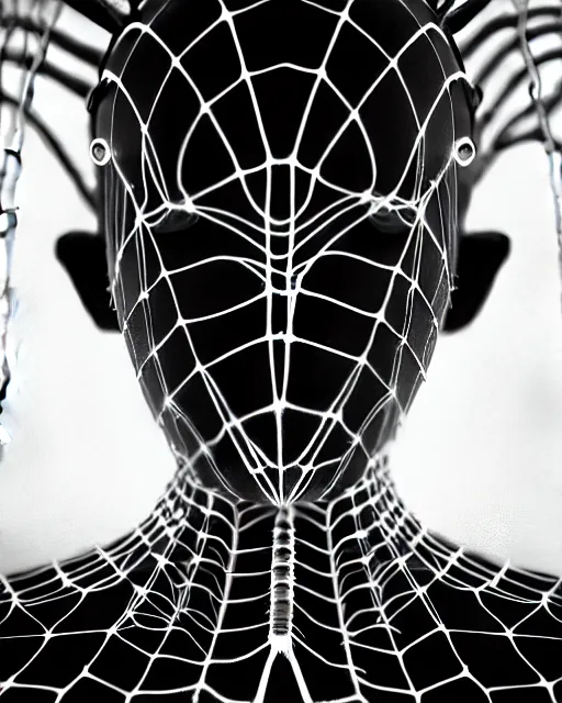 Image similar to black and white cyborg-plant goddess high quality photo, artificial intelligence, bio-mechanical bio-luminescence, artificial spider web, neurons, nerve cells, octane render, cinematic, rim light, hyper realism, photo-realistic, high detail, 8k, in the style of Steven Meisel and Dora Maar and H.G. Giger