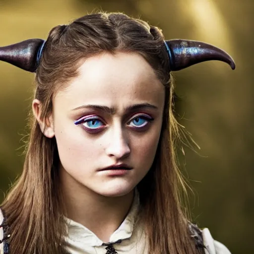 Prompt: a close - up photo of ella purnell, as a tiefling girl looking very determined, high detail.