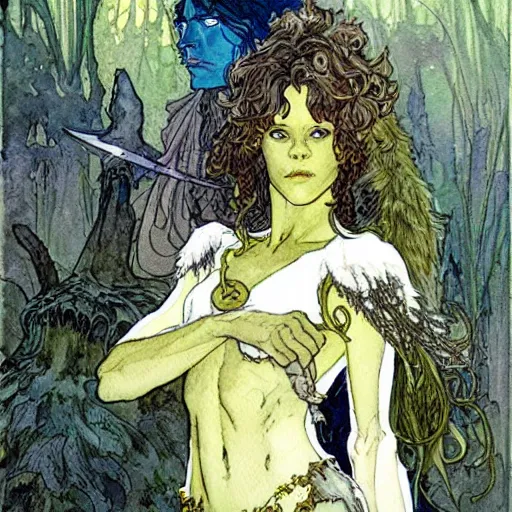 Image similar to a realistic and atmospheric watercolour fantasy character concept art full body image of a young jane fonda in her 2 0 s as a druidic warrior wizard looking at the camera with an intelligent gaze by rebecca guay, michael kaluta, charles vess and jean moebius giraud